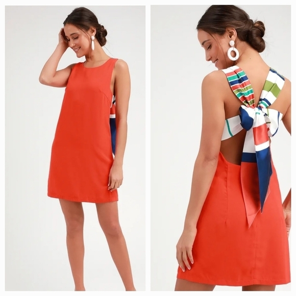 Lulus Reddish Orange Multi-striped Tie Back Mini Dress - Picture 1 of 9